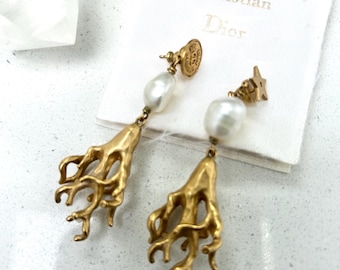 Vintage Christian Dior Coral & Freshwater Pierced Earrings