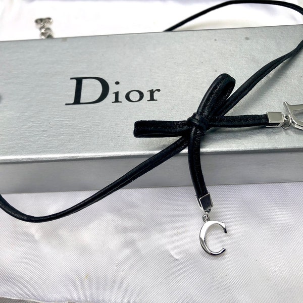 Vintage Dior CD Charm Black Leather Bow Necklace with Dior Box