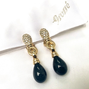 Vintage Grosse Earrings Rhinestone & Black Glass Drop Clips