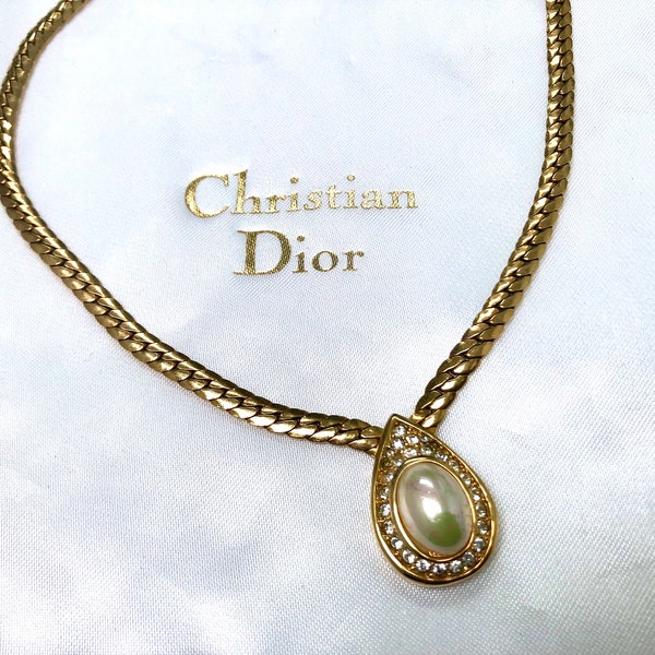 Vintage Christian Dior Glass Pearl & Rhinestone Pendant Necklace