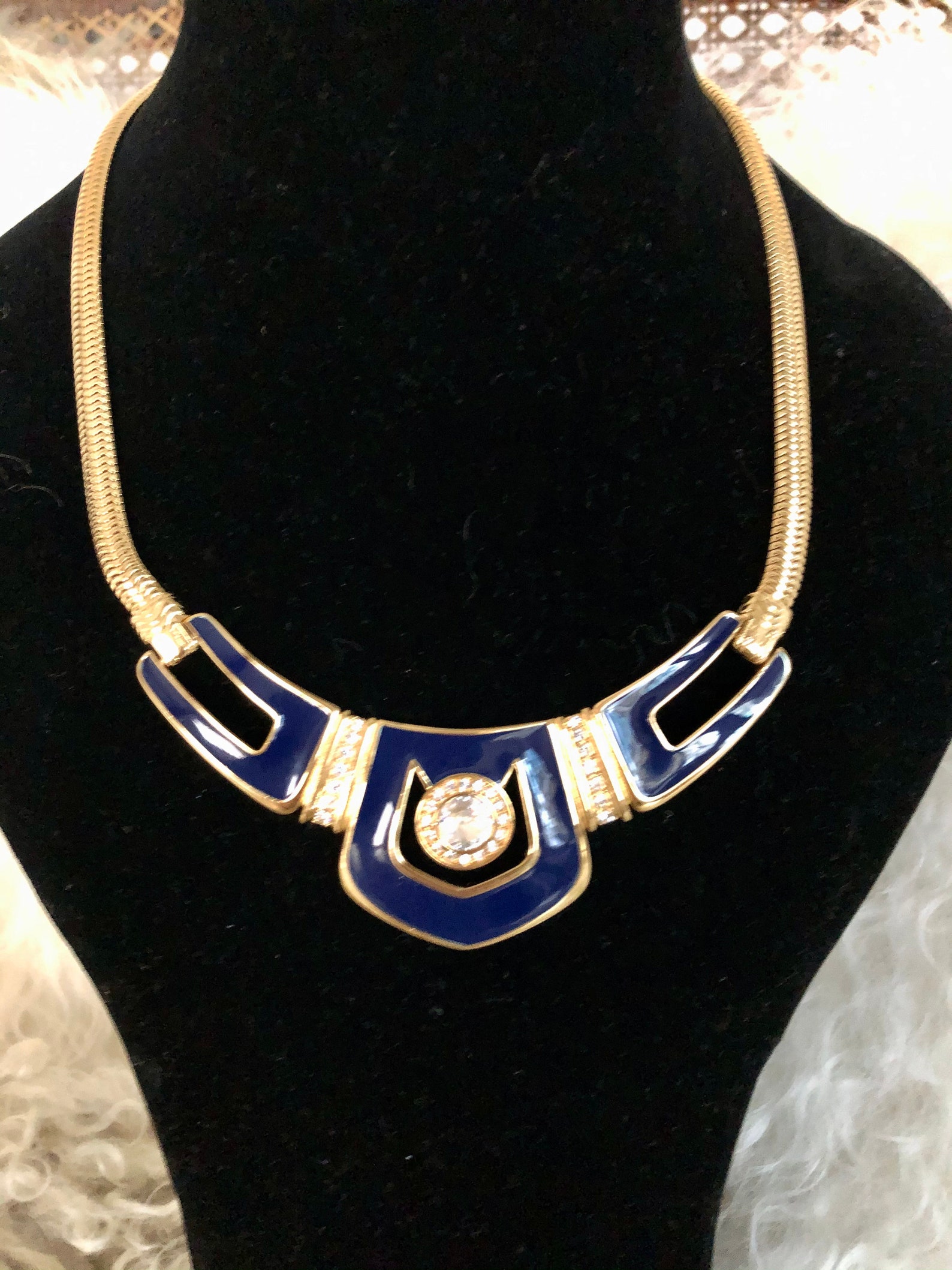 Bergdorf Goodman Blue Enamel and Rhinestone Necklace Etsy