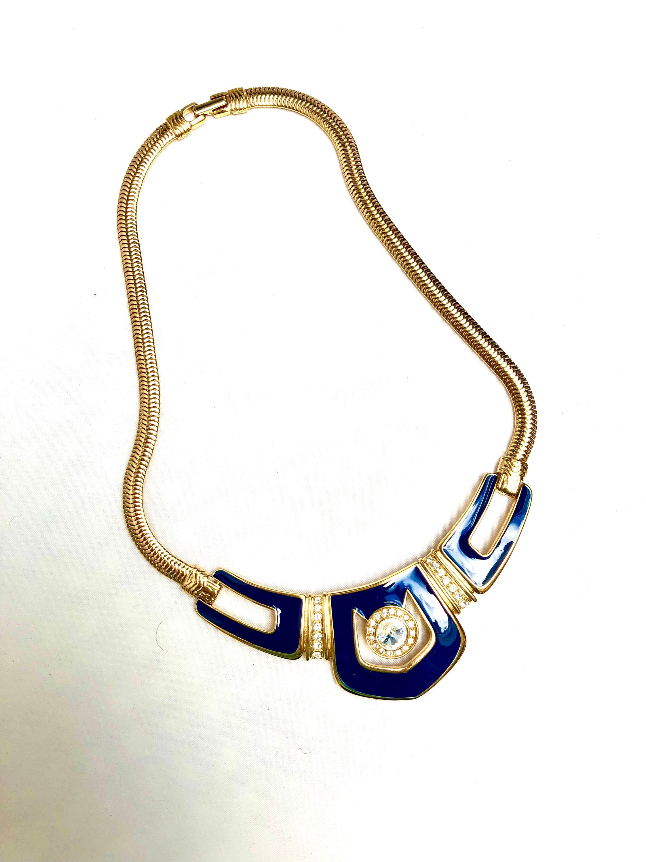 Vintage Bergdorf Goodman Blue Enamel and Rhinestone Necklace