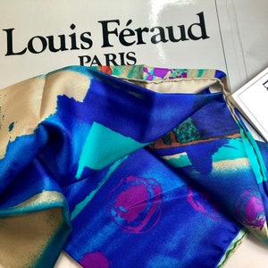 Louis Feraud Paris Vintage Square Silk Scarf Fish & corals colorful print 