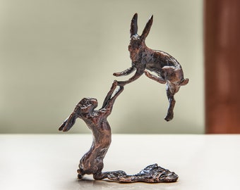 Miniature Bronze Hares Boxing Statue - 8th Anniversary Gift - Bronze Gift - Countryside - Wildlife