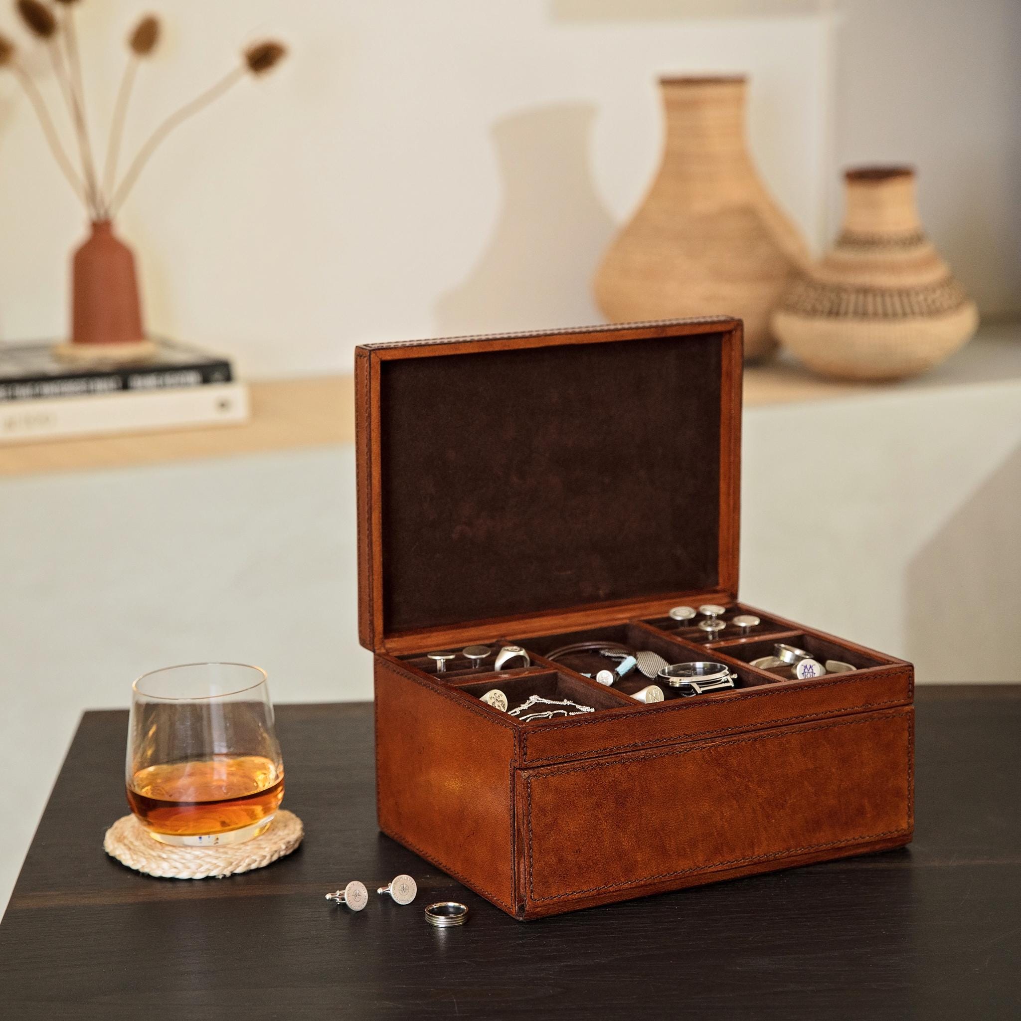 Personalised Men's Leather Jewellery Box With Drawers - Tan Leather Storage Box - 3rd Wedding Anniversary - Milestone Birthday Gift