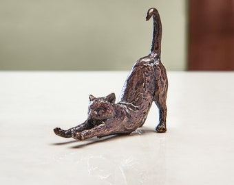 Miniature Solid Bronze Cat Stretching Sculpture - 8th Wedding Anniversary Gift - Animal Figurine - House Warming - Cat Lover Retirement