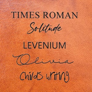 May include: A close-up of a brown leather surface with the words "TIMES ROMAN", "Solitude", "LEVENIUM", and "Olivia" written in black ink. The text "Olivia" is written in cursive and the text "Child's writing" is written in a smaller font below.