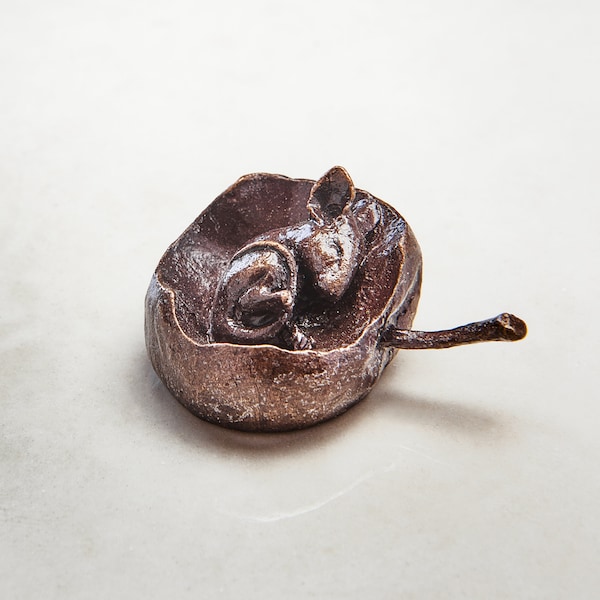 Statue miniature de souris en bronze dans une pomme - Campagne - 8e anniversaire - Animal