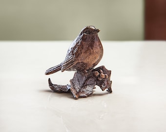 Miniature Solid Bronze Robin Statue - 8th Anniversary Gift - Countryside Bird Figurine - Bird Lovers Present - Retirement Gift