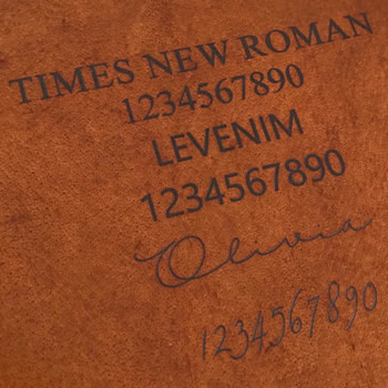 May include: Close-up of a brown leather journal with the text "TIMES NEW ROMAN" and "LEVENIM" embossed on the cover. The numbers "1234567890" are also embossed on the cover.