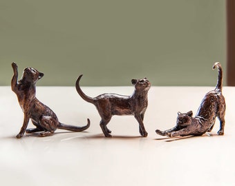 Miniature Bronze Cats, 8th Wedding Anniversary Gift Set - Collectible Cats Figurine - Bronze Cat Sculpture - Retirement Gift