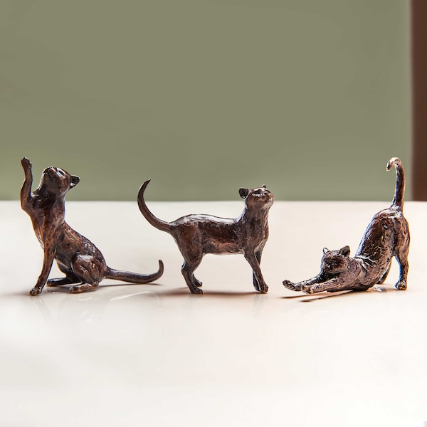 Miniatur Bronze Katzen, 8. Hochzeitstag Geschenk Set - Sammler Katzen Figur - Bronze Katzen Skulptur - Geschenk zum Ruhestand