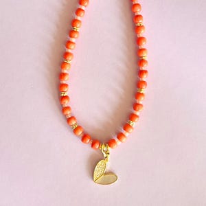 Handmade Coral Beaded Necklace | Natural Coral Necklace | Gold & Shell Heart Charm| Beaded Choker | Orange Beaded Necklace