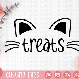 May include: Black and white digital design featuring a cat's ears and whiskers with the word "treats" in a stylized font.