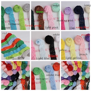 May include: A collection of crochet hair ties in various colors, including turquoise, forest green, light pink, lilac, white, yellow, light blue, peach, orange, smoke blue, and apple green. The hair ties are arranged in rows and labeled with their corresponding colors.
