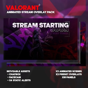May include: A purple and black animated stream overlay pack for Valorant, featuring a character with a gun. The overlay includes a "Stream Starting Soon" banner, movable assets, animated scenes, preset overlays, and panels.