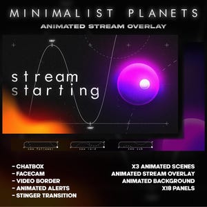 Peut inclure: Graphique numérique pour un overlay de streaming, avec un fond dégradé et une planète violette. Le texte "stream starting" est visible. Comprend des scènes animées, un overlay, un fond et des panneaux.