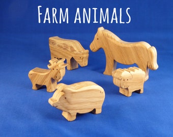 Wooden toy farm animals - Set of 5 - Handmade from Oak to an extremely high quality and tested for safety to EN71