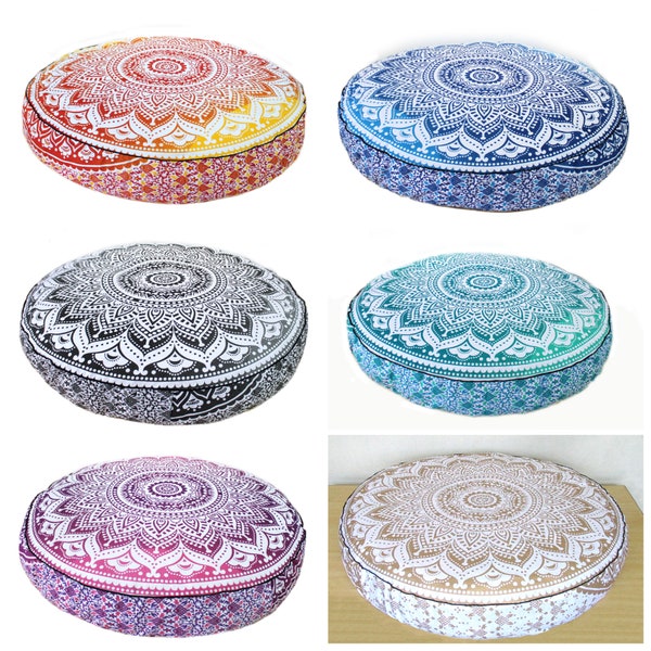 Federa per cuscino in lino con motivo mandala, colore blu fiordaliso