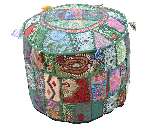 Indian Handmade Round Pouf Cover Vintage Cotton Ottoman Patchwork Footstool 