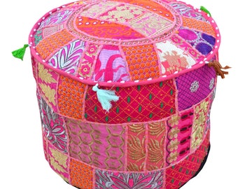 Indian Handmade Round Pouf Cover Vintage 100% Cotton Patchwork Ottomans Footstool Bohemian 18" inches Home Decor Pink Color