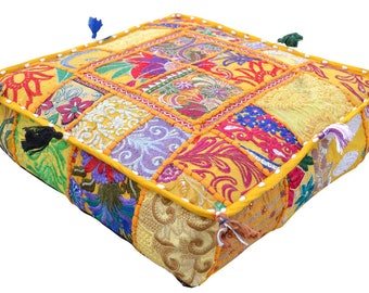 Indian Vintage Square Pouf Floor Cushion Cover  Handmade 100% Cotton Patchwork Ottomans Footstool Dog Mat 16X16 inches Home Decor