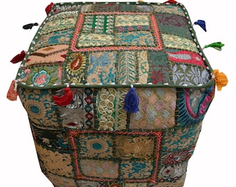 Indian Vintage Square Pouf Cover 100% Cotton Patchwork Large Size Ottomans Footstool Handmade Bohemian  18X18 inches  Home Decor