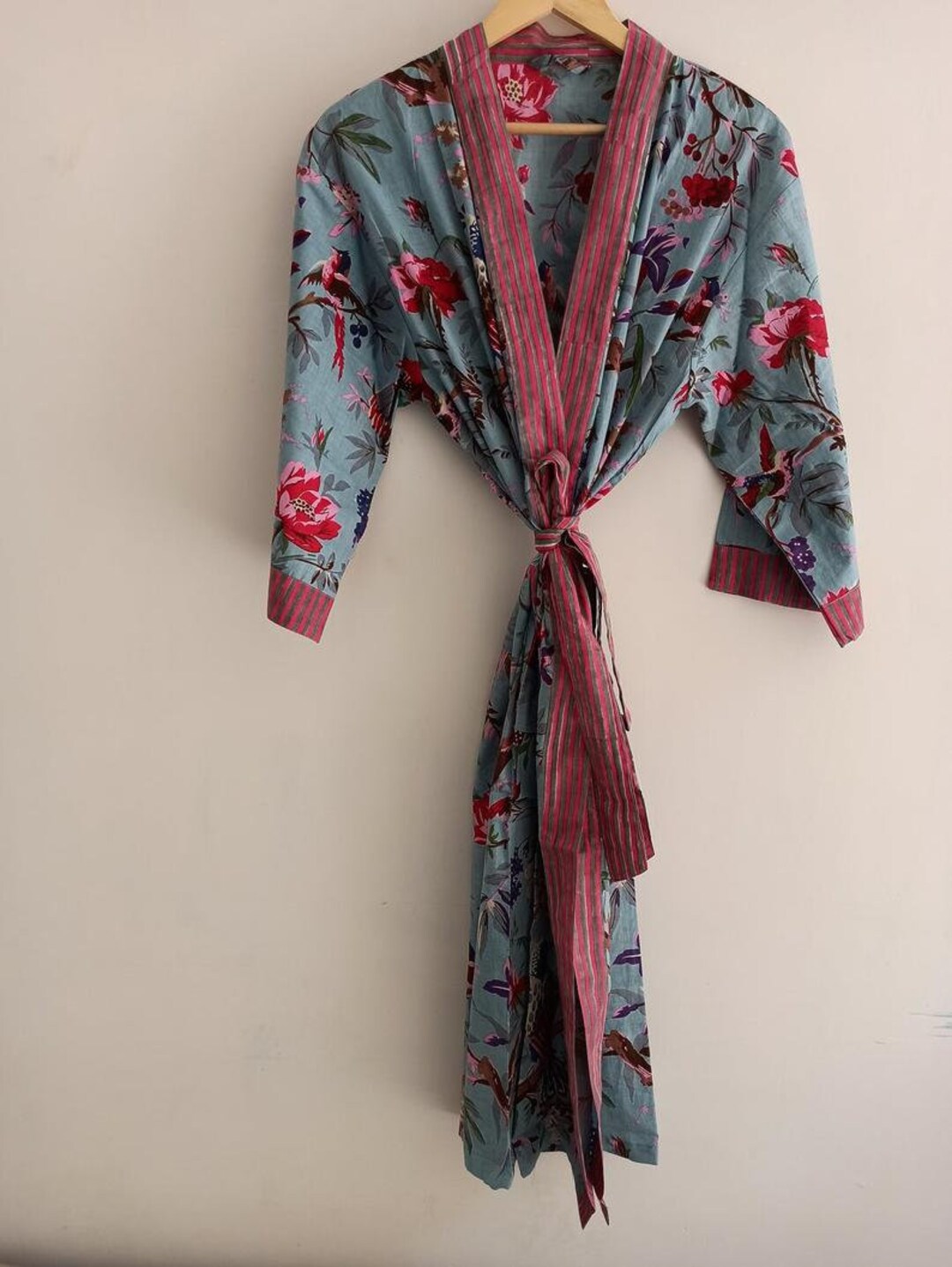 Long Cotton Kimono, Handmade Bird Print Cover up Bath Robes,beach Wear