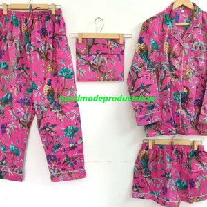 Indian handmade bird paradise free size pure cotton night dress suit for women valentine day gift for women pink handblock nightwear suit