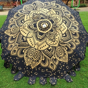 Garden Umbrella Parasol Big Garden Umbrella, 100% Cotton Patio Umbrella, Sun Shade Parasols,Formal Event/Birthday/Wedding/Mandala Black Gold image 8