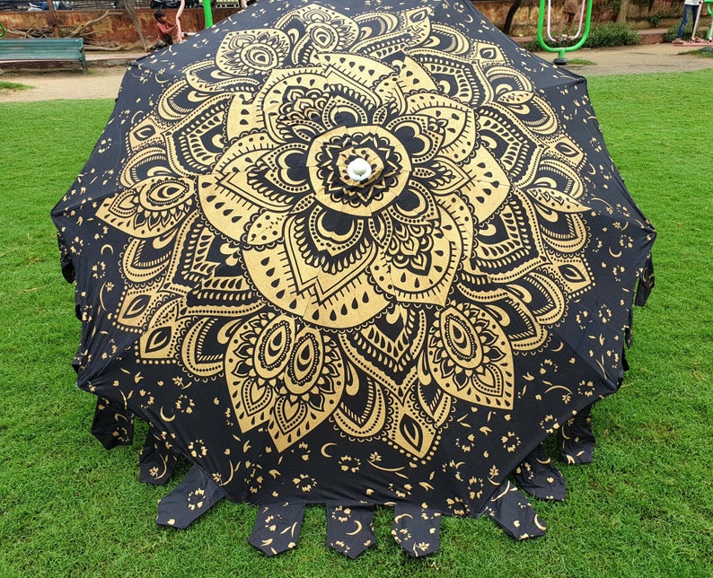 Garden Umbrella Parasol Big Garden Umbrella, 100% Cotton Patio Umbrella, Sun Shade Parasols,Formal Event/Birthday/Wedding/Mandala Black Gold image 8