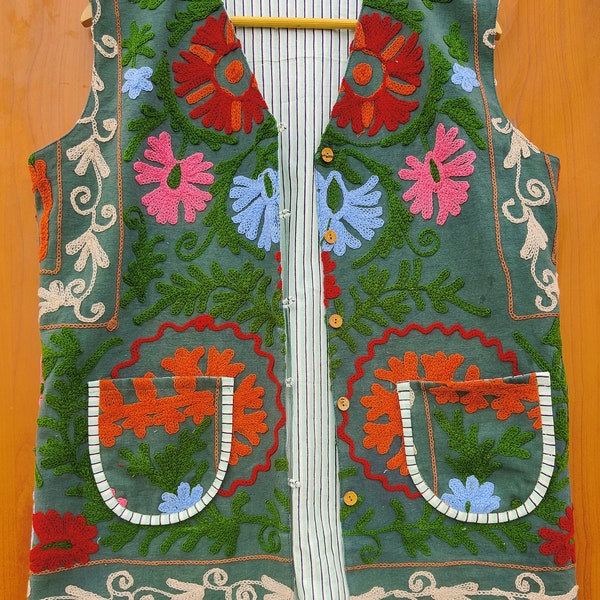 Suzani Vest Jacket Hand Embroidered Multi Choice Size Jacket | Autumn Uzbek Kashmir Crewel Christmas Special Gift for her