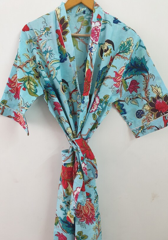 Long Cotton Kimono Handmade Floral Print Sky-blue Color Cover - Etsy