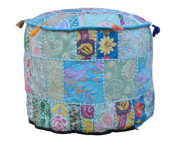 Ottoman Pouf Cover Indian Handmade Blue Patchwork Round Pouf Cover Home Decor 