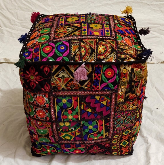 New Indian Handmade Patchwork Square Pouf Cover Home Decor Blue Color 16x16