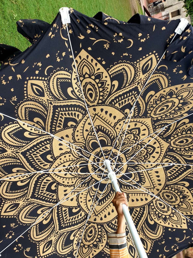 Garden Umbrella Parasol Big Garden Umbrella, 100% Cotton Patio Umbrella, Sun Shade Parasols,Formal Event/Birthday/Wedding/Mandala Black Gold image 3