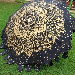 Garden Umbrella Parasol Big Garden Umbrella, 100% Cotton Patio Umbrella, Sun Shade Parasols,Formal Event/Birthday/Wedding/Mandala Black Gold image 6