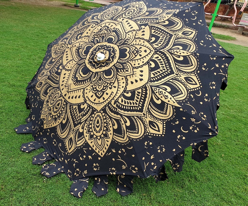 Garden Umbrella Parasol Big Garden Umbrella, 100% Cotton Patio Umbrella, Sun Shade Parasols,Formal Event/Birthday/Wedding/Mandala Black Gold image 6