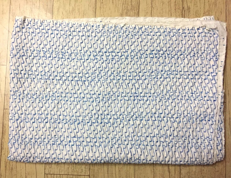 Indian Blue Check Print White Colour Handmade 100/% Pure Cotton Quilt Bedspread Kantha Throw