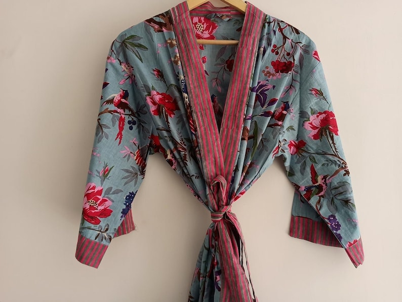 Long Cotton Kimono, Handmade Bird print Cover up Bath Robes,Beach Wear Dress Gift for her/ Wedding/ Bridal Robe/ Bridesmaids/ Sleepwear 