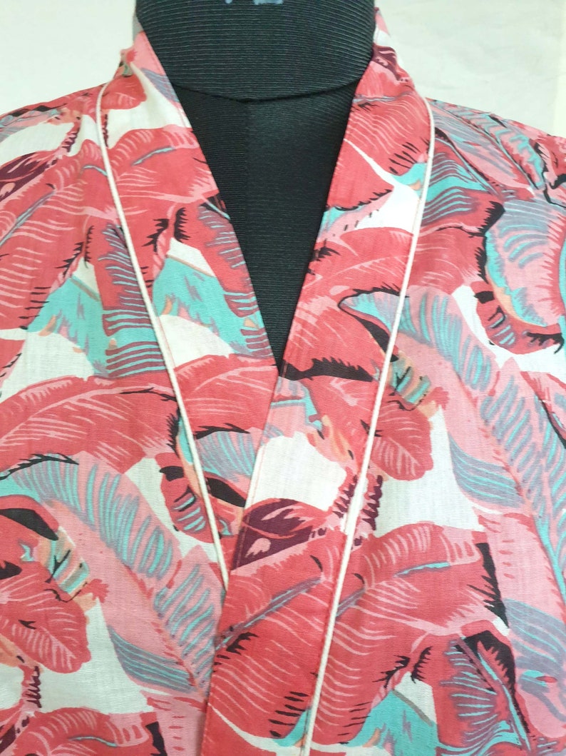 Long Cotton Kimono Handmade Leaf Print Cover up Bath Etsy