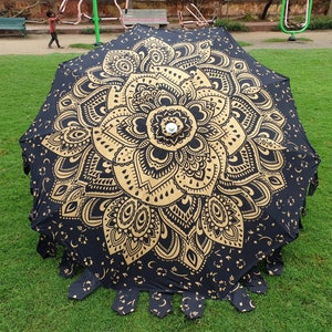 Garden Umbrella Parasol Big Garden Umbrella, 100% Cotton Patio Umbrella, Sun Shade Parasols,Formal Event/Birthday/Wedding/Mandala Black Gold image 5