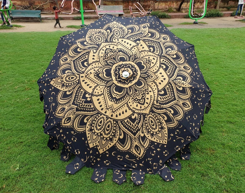 Garden Umbrella Parasol Big Garden Umbrella, 100% Cotton Patio Umbrella, Sun Shade Parasols,Formal Event/Birthday/Wedding/Mandala Black Gold image 5