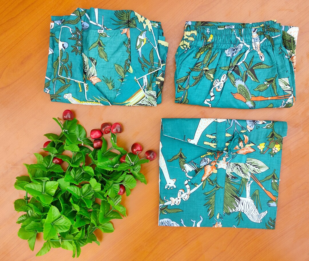 Indian Cotton Pajama Set, Cotton Night Pj Sets, Animal Print Pj Set