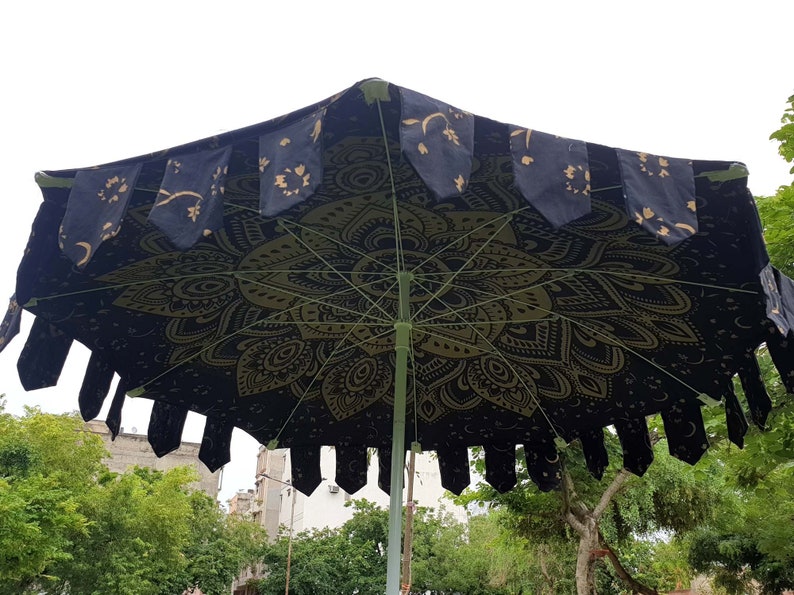 Garden Umbrella Parasol Big Garden Umbrella, 100% Cotton Patio Umbrella, Sun Shade Parasols,Formal Event/Birthday/Wedding/Mandala Black Gold image 9