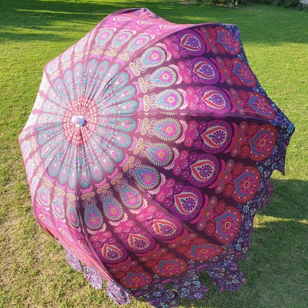 Indian handmade Pink color mandala umbrella sun shade protection umbrella pure cotton pattern patio big parasols garden and beach umbrella