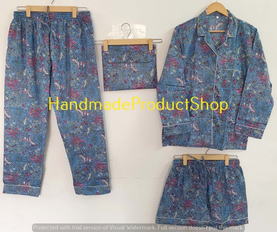 Blue Color Pajama Set 100% Cotton Light Soft Night Dress Women Cotton Pants  Shirt Set With Shorts Set Handmade Floral Print Night Wearing -  Canada