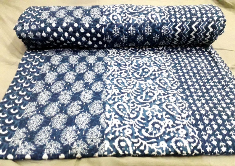 Indian Handblock Indigo Blue Color kantha Quilt Bedding Quilts Bedspread Gudri Handmade 100/% Cotton Queen Size 90X108 Inches