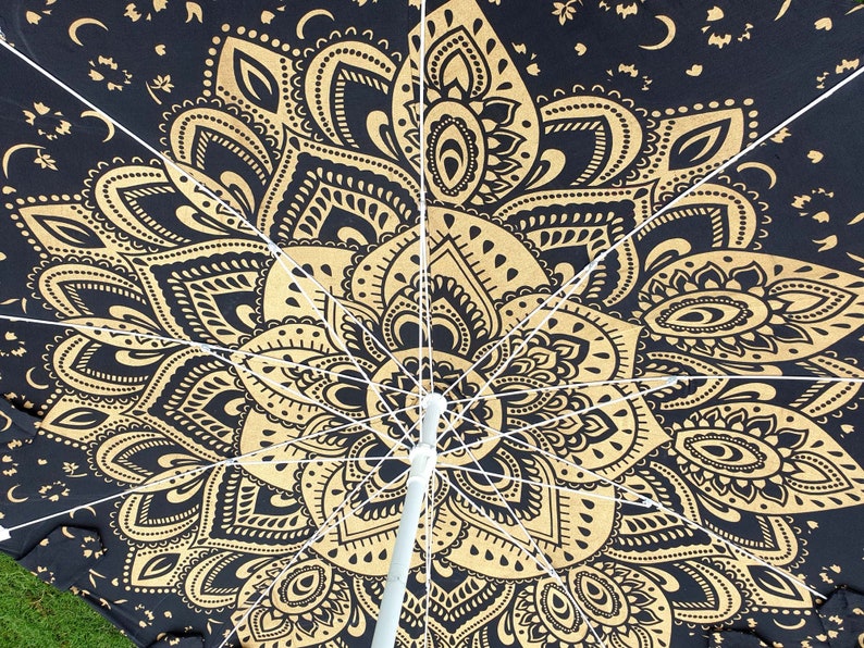 Garden Umbrella Parasol Big Garden Umbrella, 100% Cotton Patio Umbrella, Sun Shade Parasols,Formal Event/Birthday/Wedding/Mandala Black Gold image 4