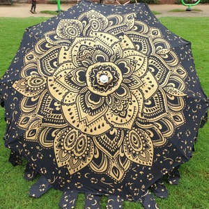 Garden Umbrella Parasol Big Garden Umbrella, 100% Cotton Patio Umbrella, Sun Shade Parasols,Formal Event/Birthday/Wedding/Mandala Black Gold image 1